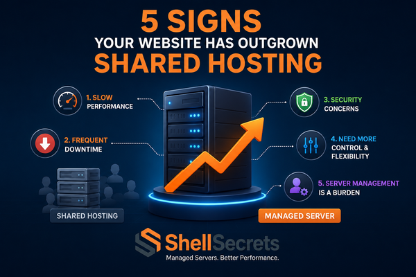 Managed hosting infographic showing server performance, security, uptime, and scalability solutions.