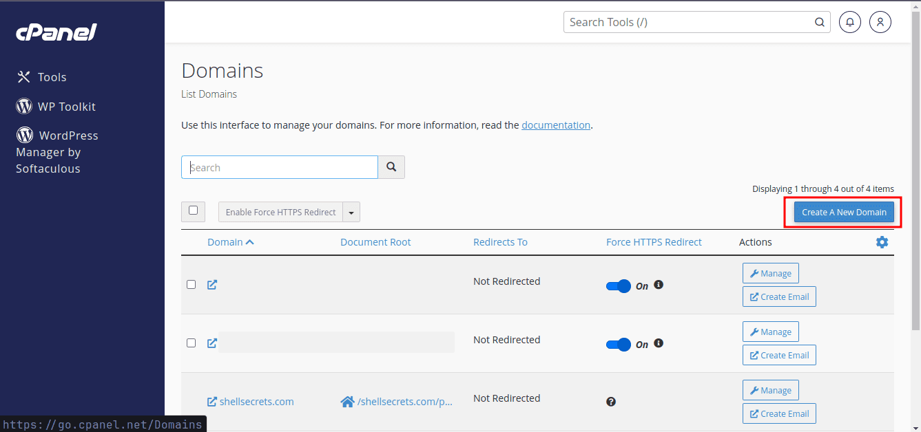 Create A New Domain in cPanel.