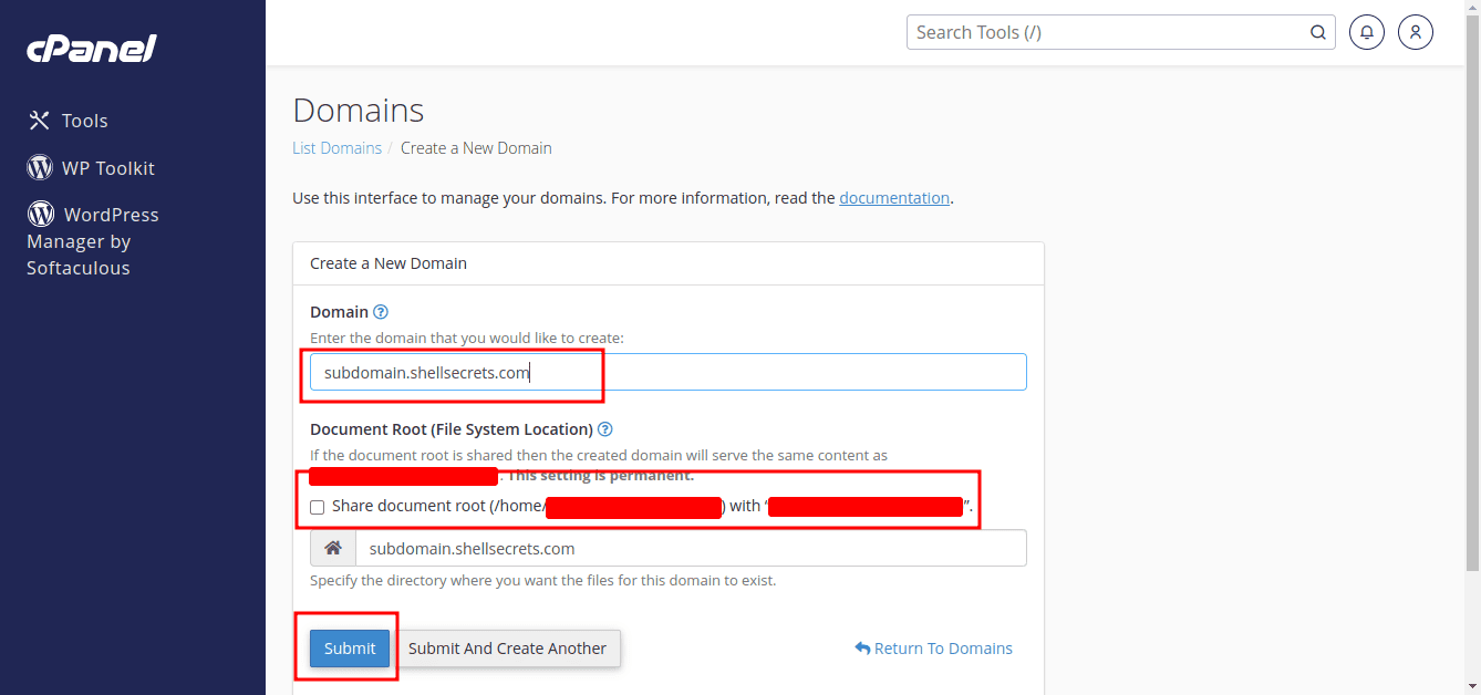 Filling domain information while creating a new addon-domain in cPanel.