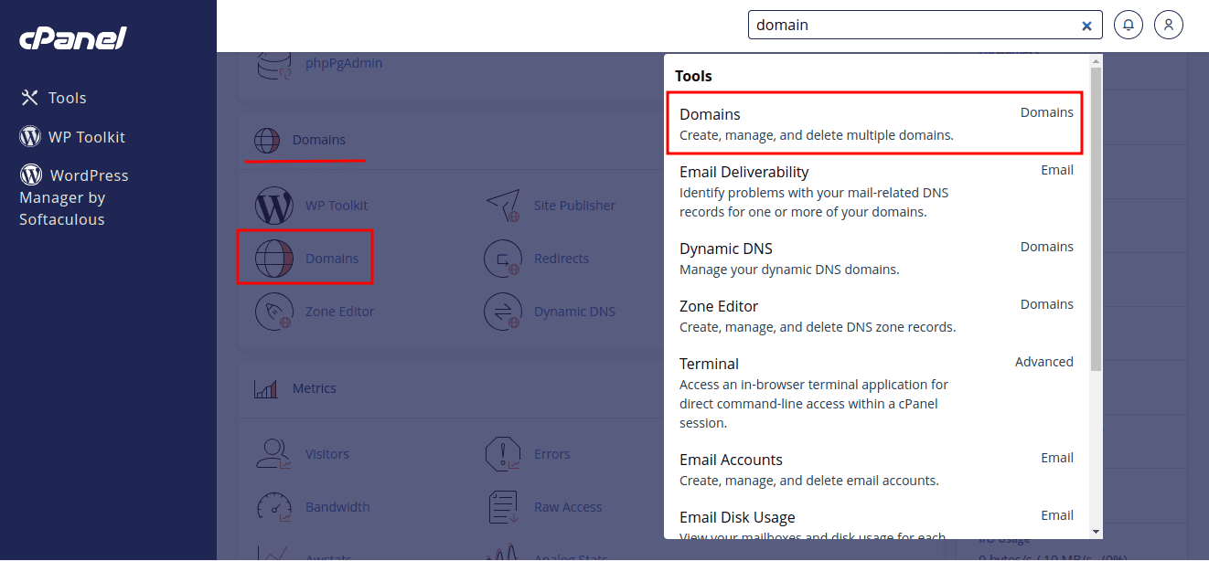 Domains Option in cPanel?