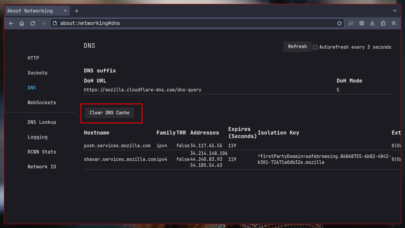 Remove DNS Cache in Mozila Firefox and Firefox based browsers.