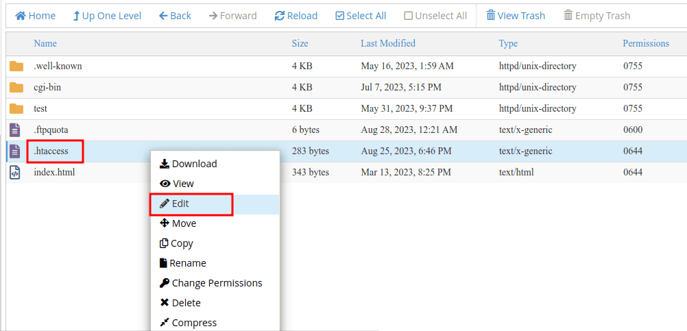 Edit htaccess file in cPanle.