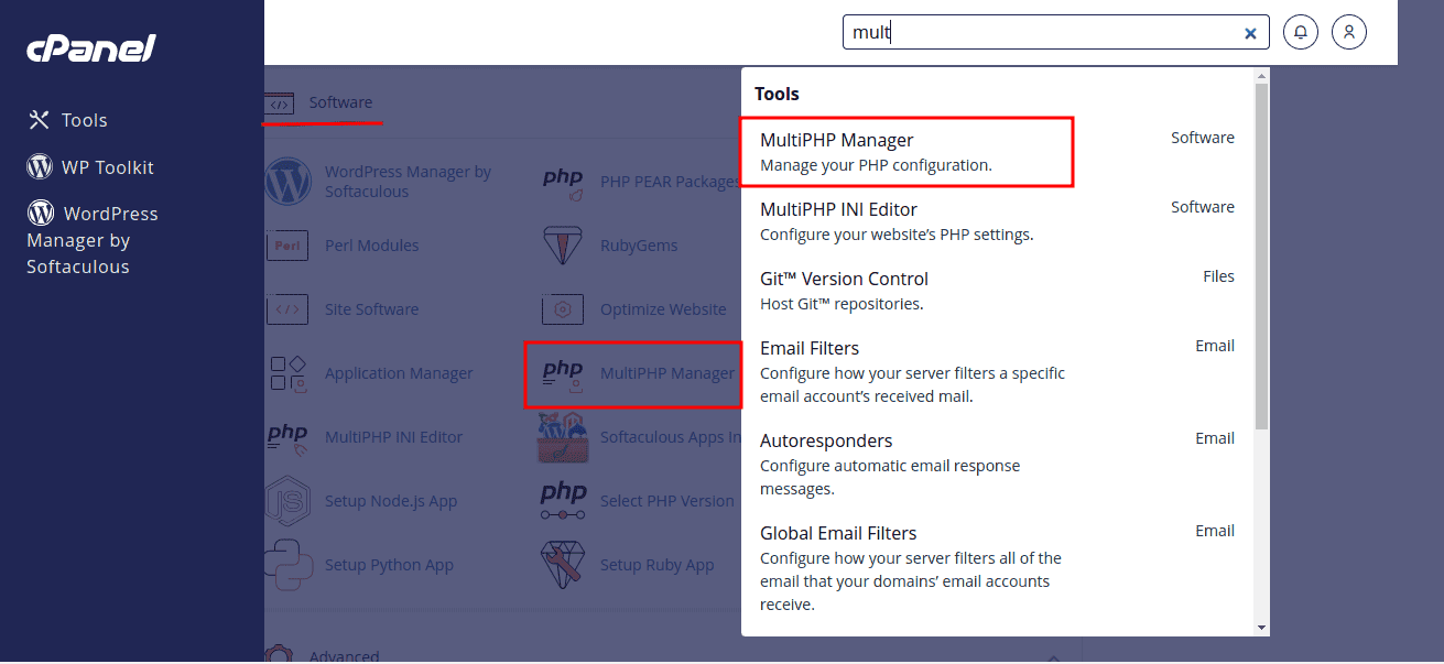 MultiPHP Manager option in cPanel