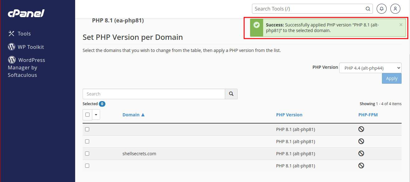 PHP version Successfully changed for the selected domain from MultiPHP Manager in cPanel.