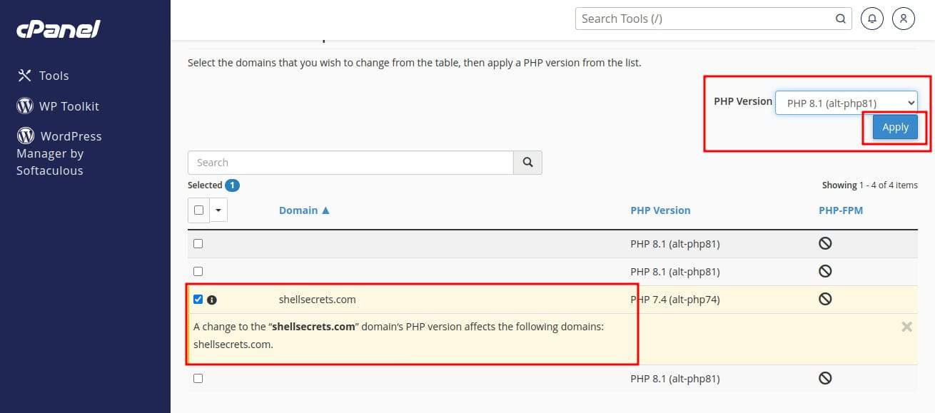 Select Required PHP version and Apply it in cPanel MultiPHP Manager.