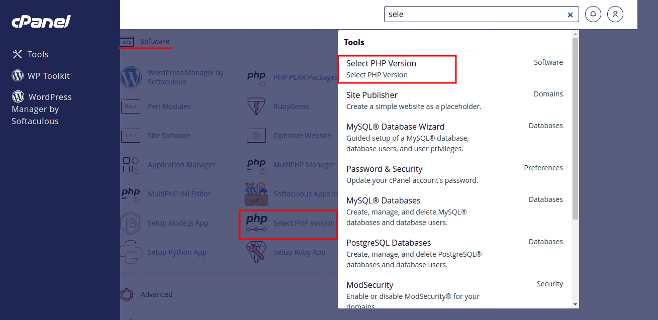 PHP Selector option in cPanel