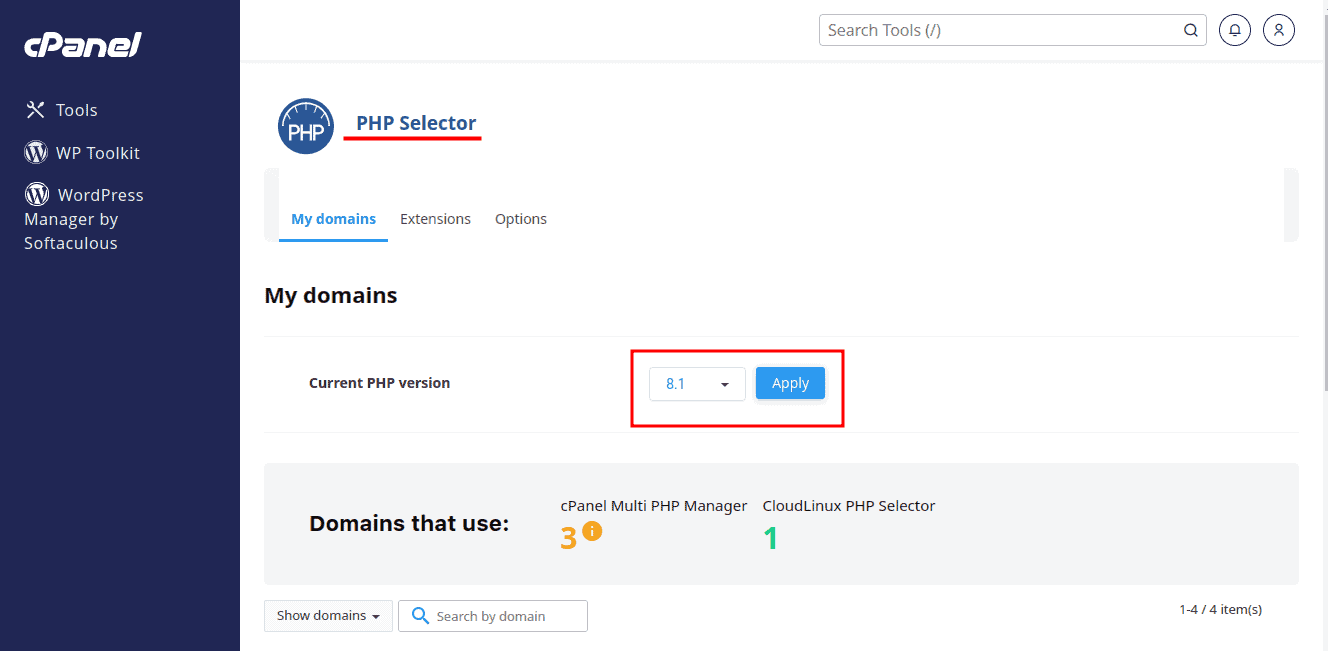 Select Required PHP version and Apply it in cPanel PHP Selector.