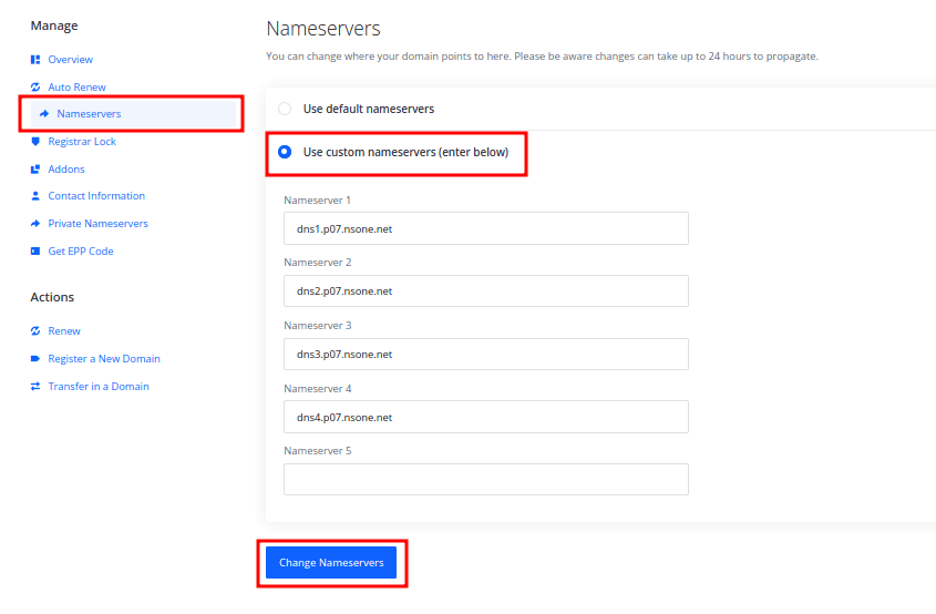 Updating Custom Nameservers for the Domain